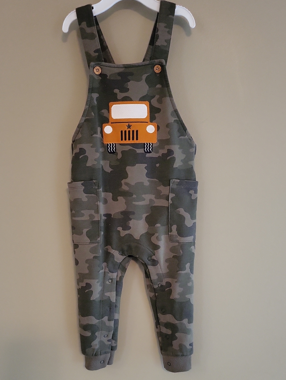 Petit Lem soft camouflage overalls with truck applique